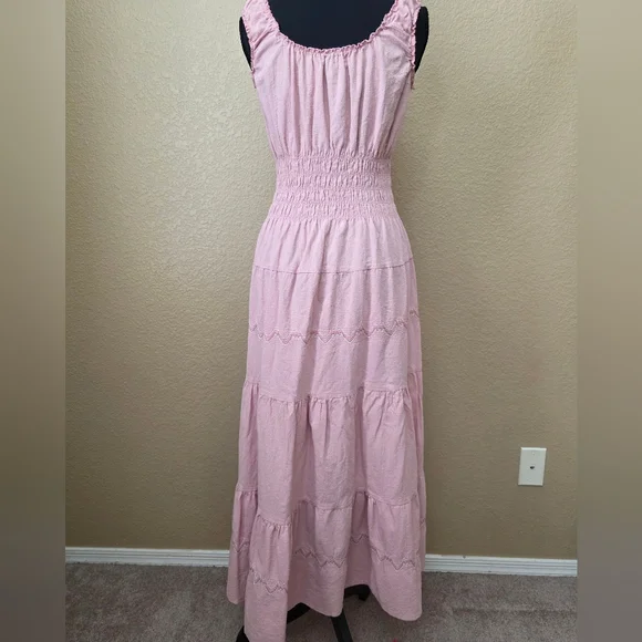 Lapis Sleeveless Boho Blush Pastel Pink Maxi Dress w/Embroidery. Linen Size S - Picture 4 of 11